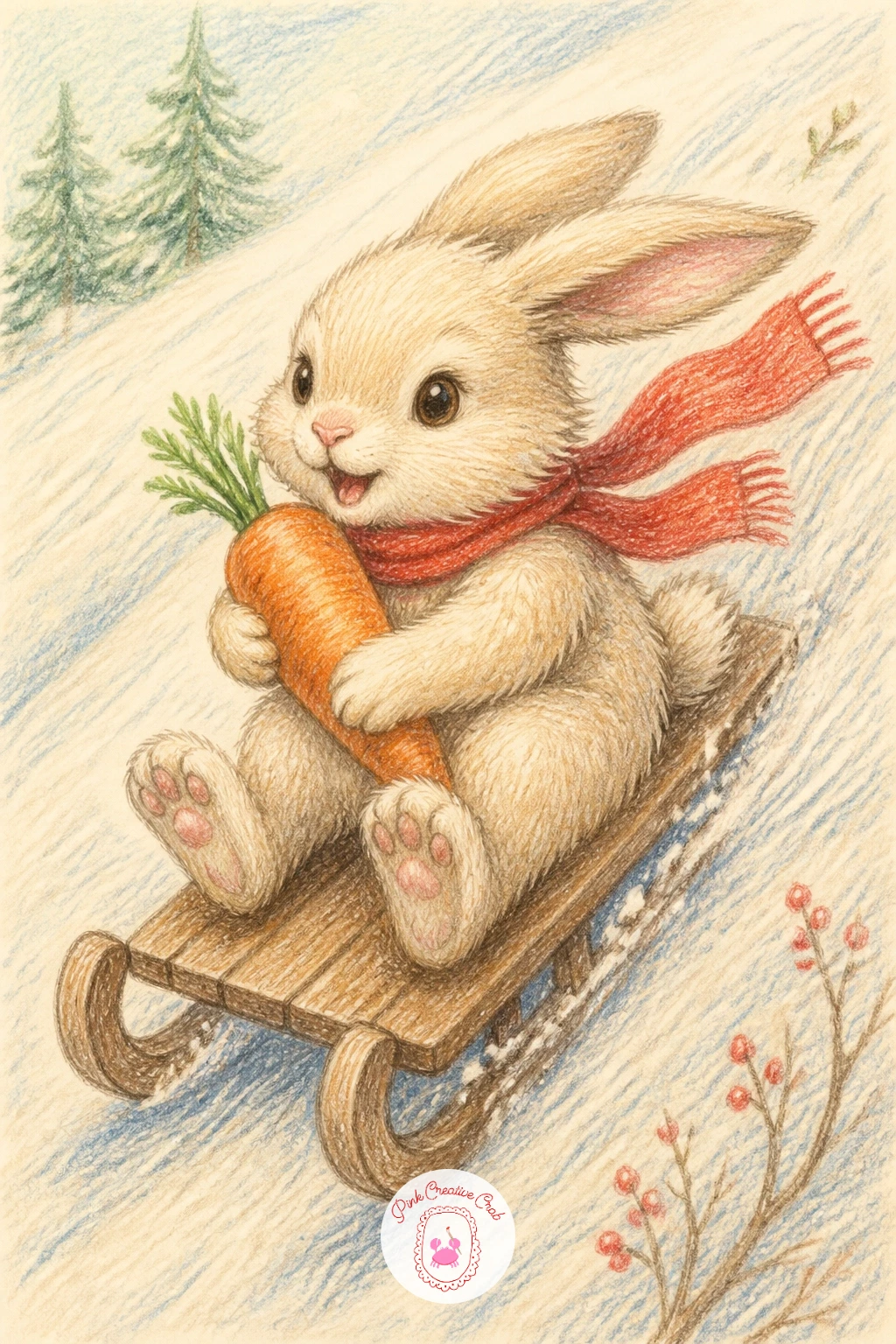 Bunny on a Sled With a Carrot — Bring in some motion with a bunny on a sled with a carrot, a fun one for practicing perspective on a simple object. Christmas