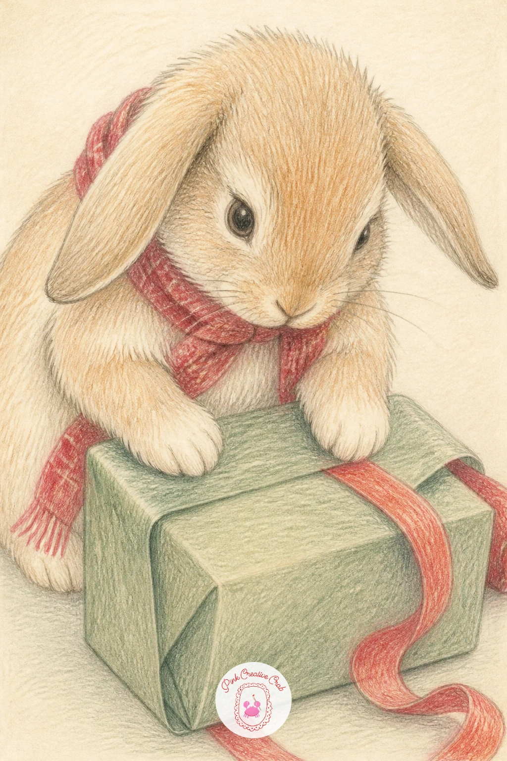 Bunny Wrapping a Gift — Add some action with a bunny wrapping a gift, paws mid fold over a small box. Christmas bunny drawing