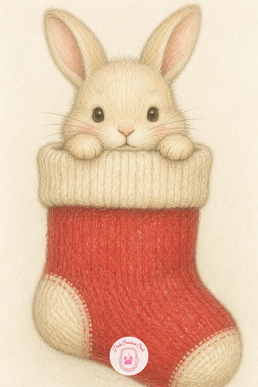 Bunny Peeking Out of a Stocking — Keep the cozy mood going with a bunny peeking out of a stocking, just the head and ears showing over a knitted red cuff.