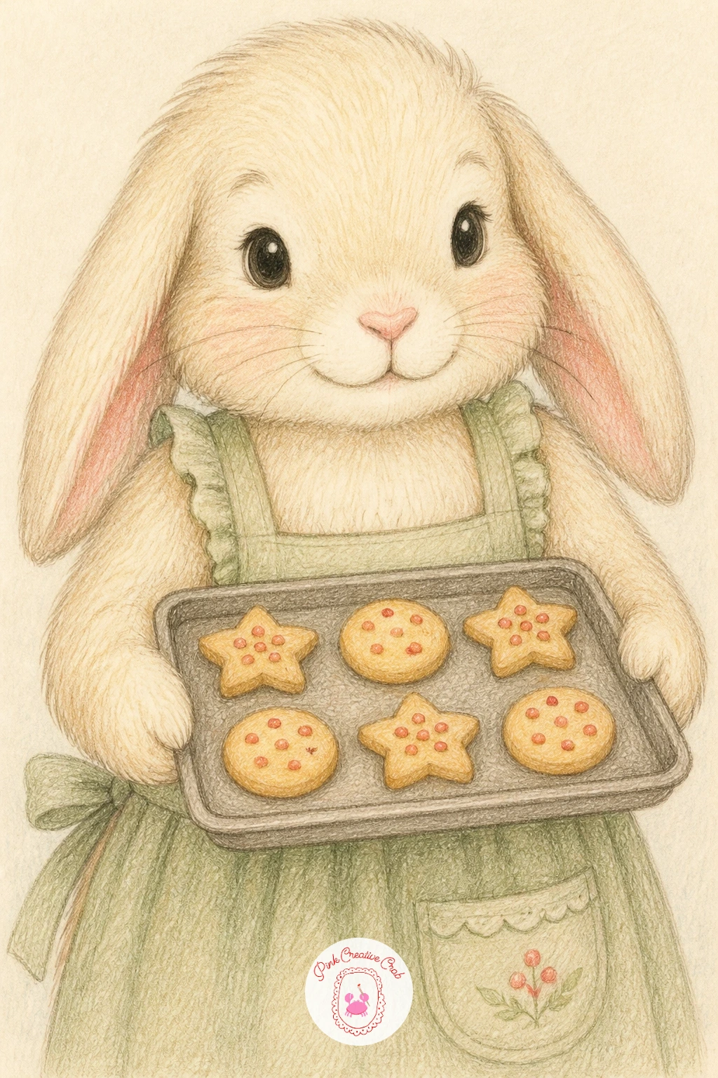 Bunny Baking Cookies — Warm things up again with a bunny baking cookies, apron on and a tray of little shapes in front of it. Christmas bunny drawing
