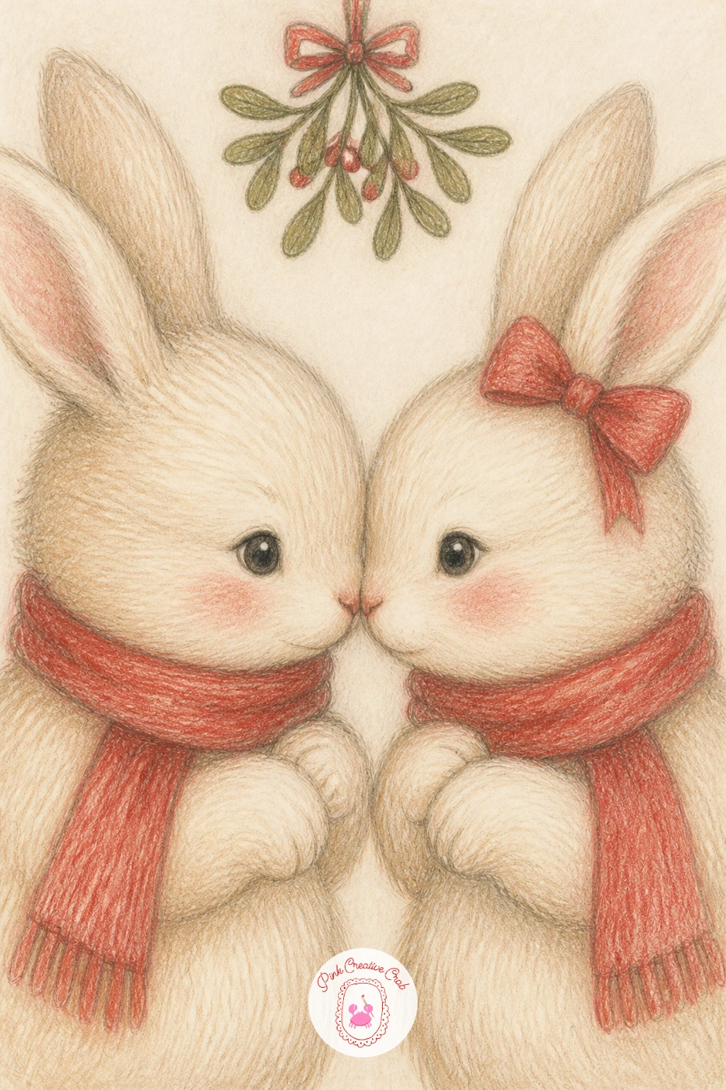 Bunny Under Mistletoe With Another Bunny — For something a little sweeter, draw a bunny under mistletoe with another bunny, two figures sharing one small