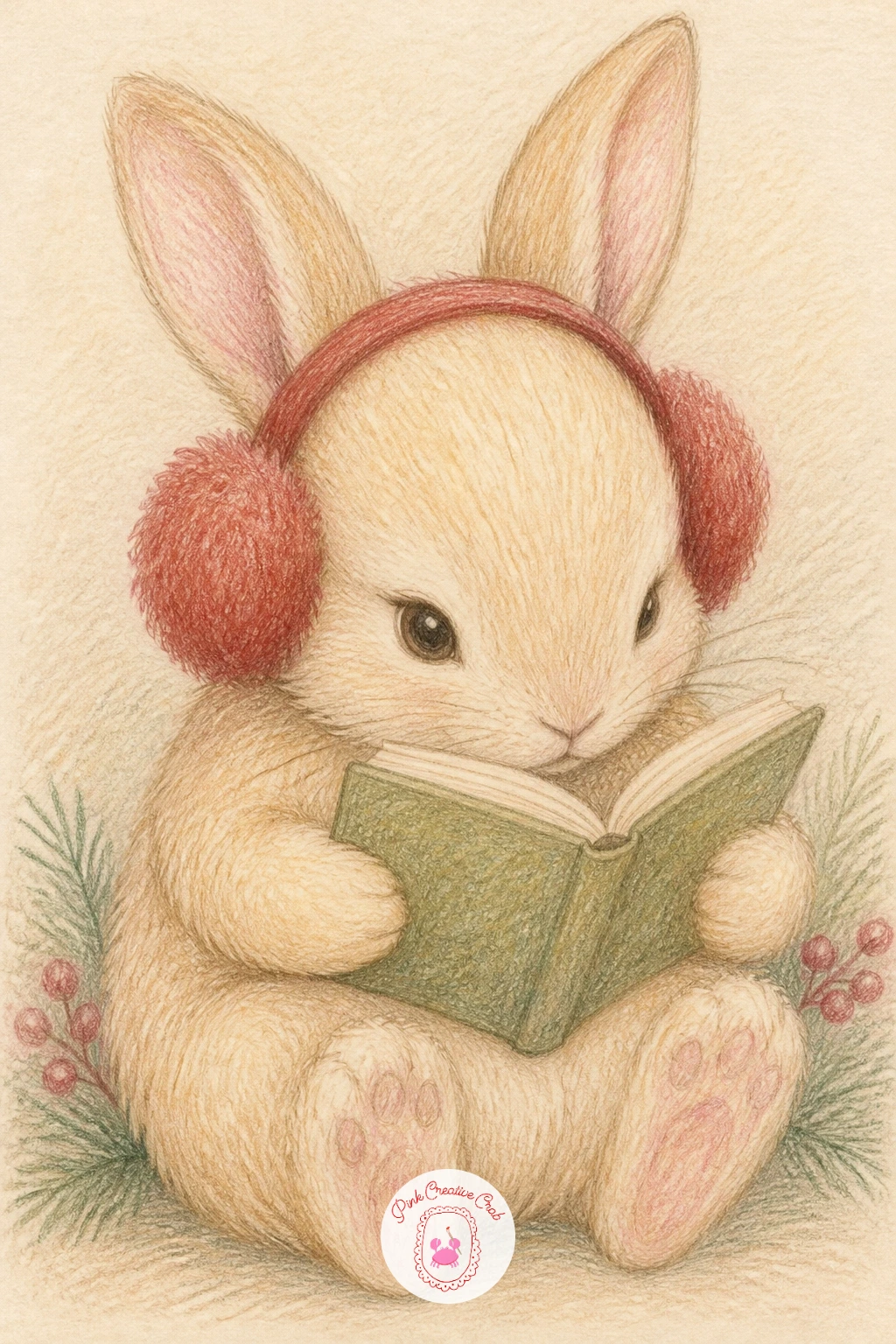 Bunny With Earmuffs Reading a Book — Settle into a quieter pose with a bunny with earmuffs reading a book, a nice one for practicing a seated figure holding an