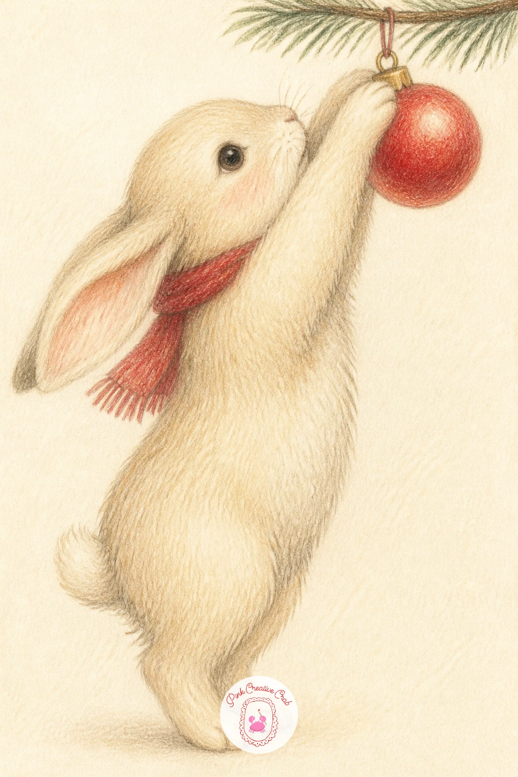 Bunny Hanging a Bauble — Bring some reach and stretch into the page with a bunny hanging a bauble, paws raised up toward an unseen branch. Christmas bunny
