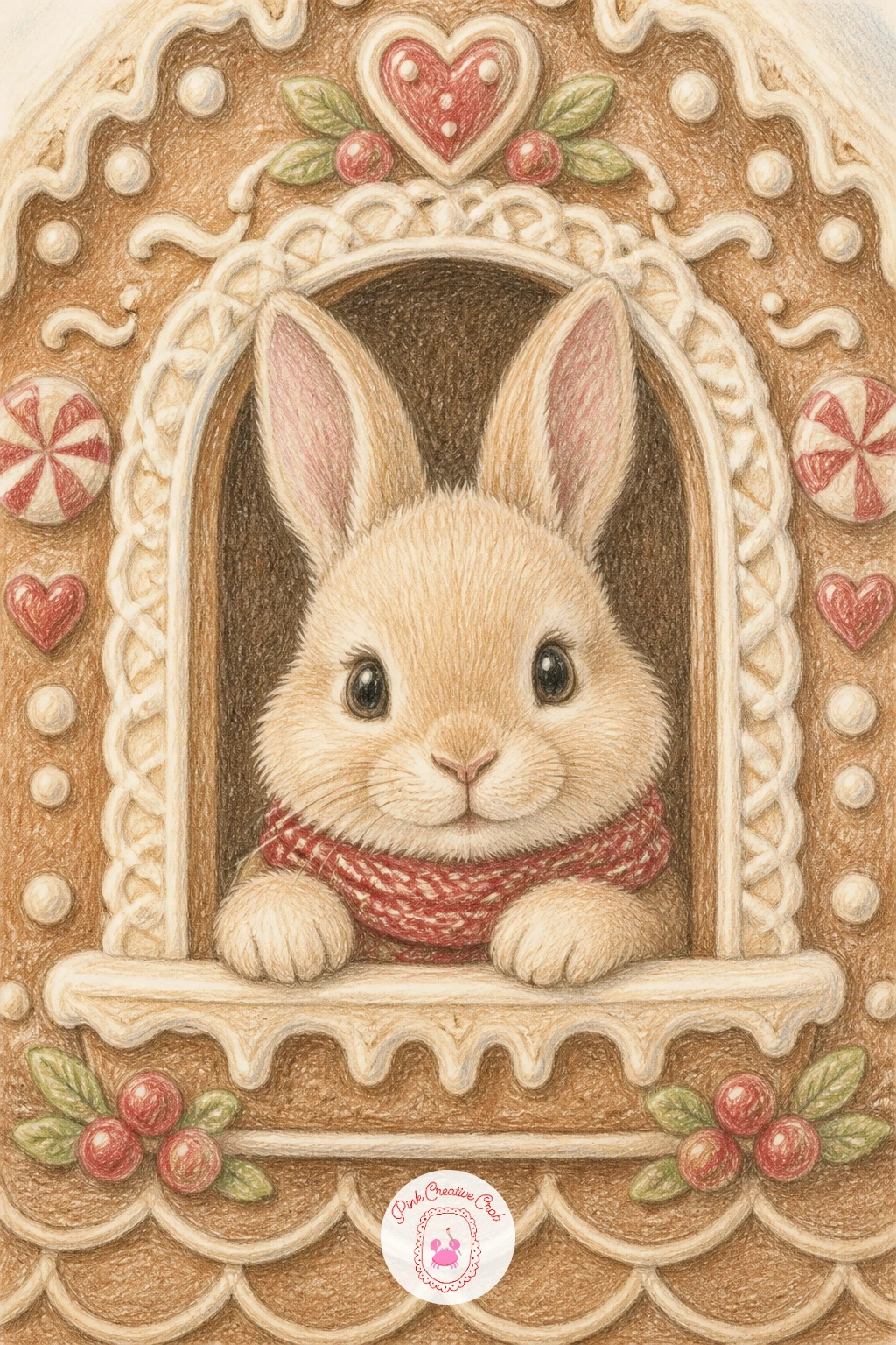 Bunny in a Gingerbread House Window — Build a tiny bit of architecture with a bunny in a gingerbread house window, peeking out from a cozy candy-colored home.