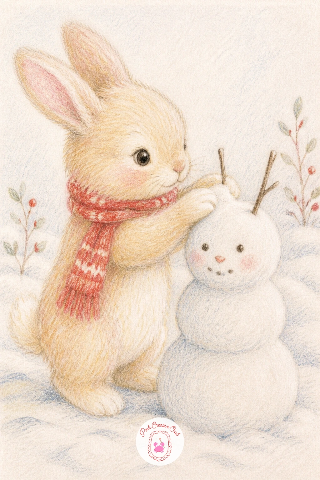 Bunny Making a Snow Bunny — For a bit of gentle humor, draw a bunny making a snow bunny, its own tiny snow sculpture version of itself. Christmas bunny drawing
