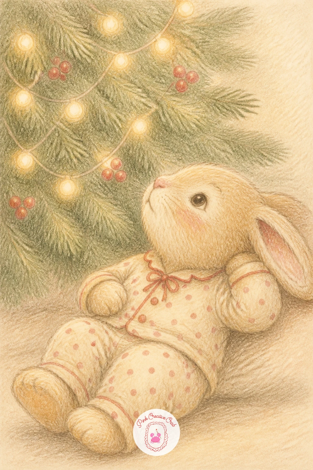 Bunny in Pajamas by the Tree — Bring the mood back indoors with a bunny in pajamas by the tree, a relaxed bedtime scene near the glow of holiday lights.