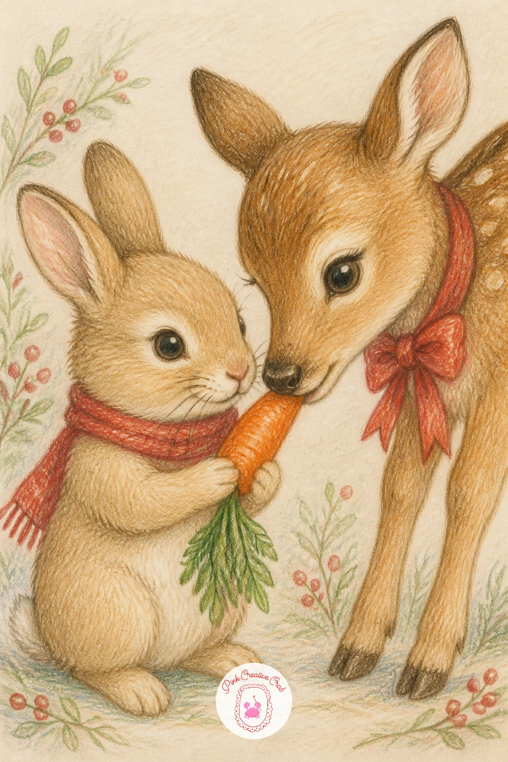 Bunny Sharing a Carrot With a Deer — Pair up two animals again with a bunny sharing a carrot with a deer, a gentle moment of friendship between two very
