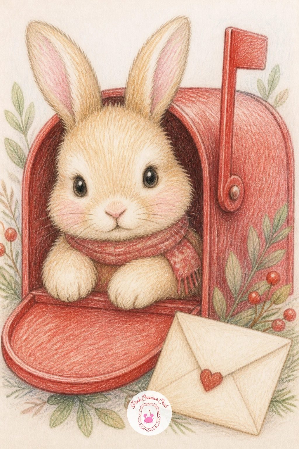 Bunny in a Red Mailbox — Add a bit of architecture again with a bunny in a red mailbox, peeking out of the small flap door. Christmas bunny drawing