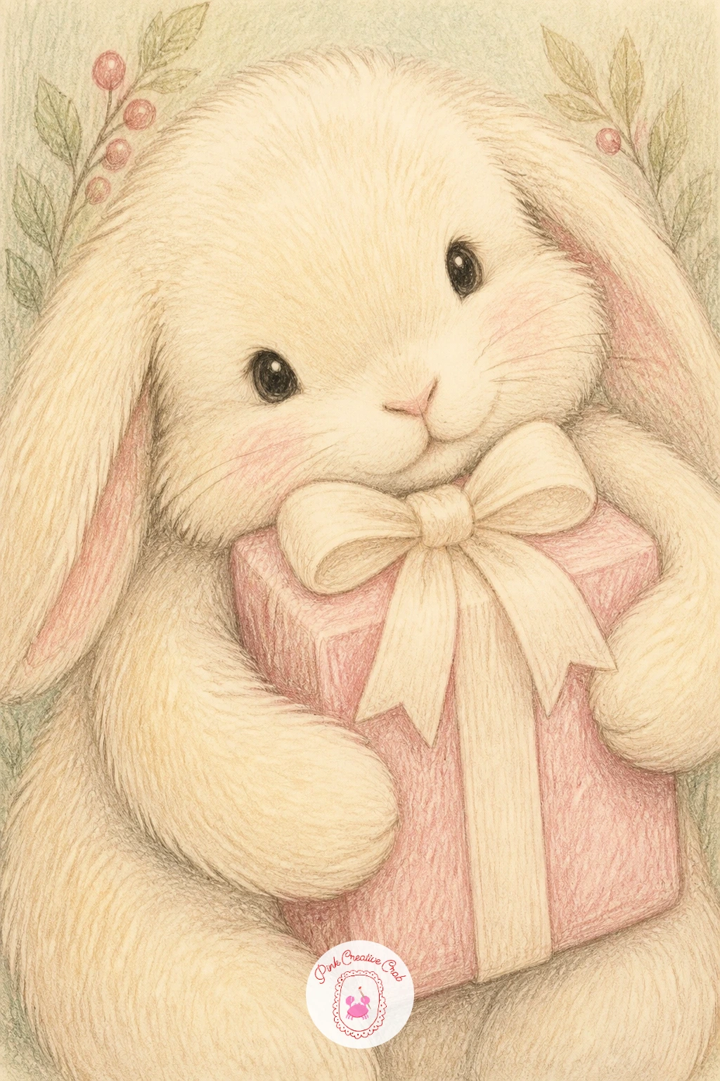 Bunny With a Pink Present — Shift the palette slightly with a bunny with a pink present, breaking from the usual red accent for one piece. Christmas bunny