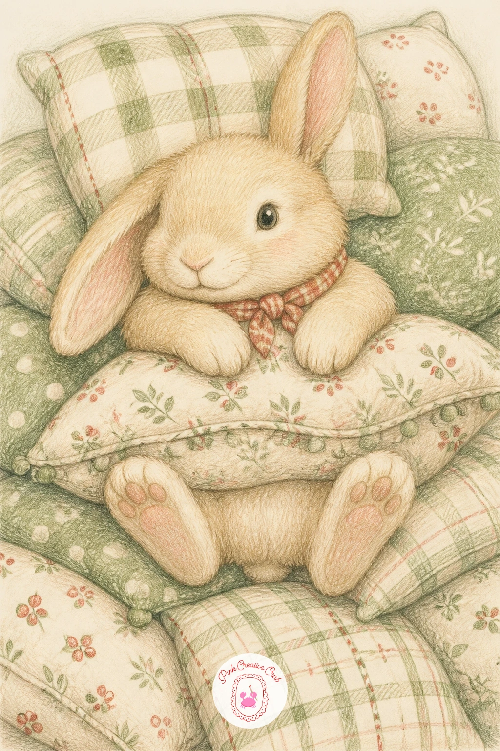 Bunny on a Pile of Pillows — Rest things for a moment with a bunny on a pile of pillows, a soft, loose piece good for practicing comfortable, slouched poses.
