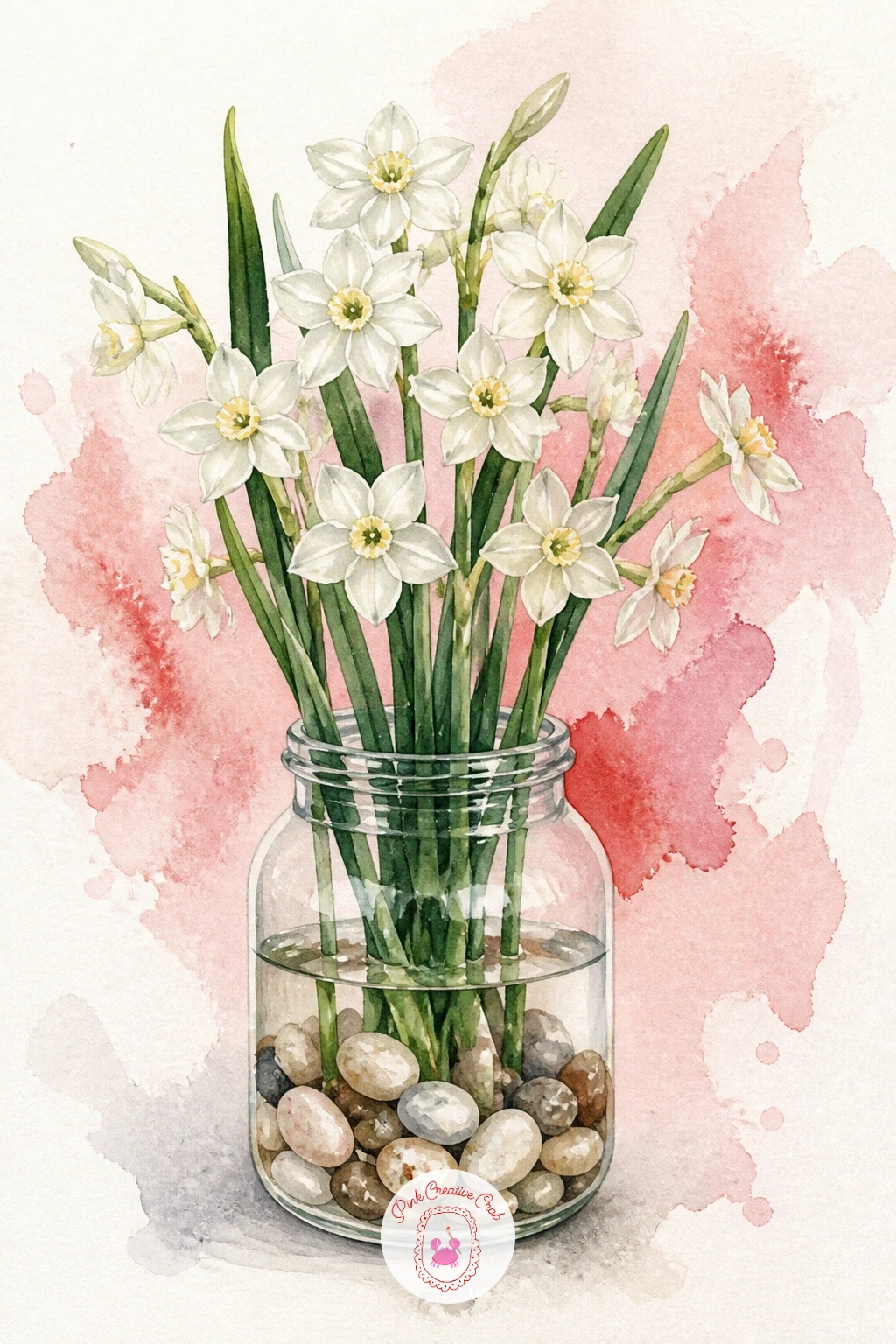 Paperwhites in a Pebble Jar — Following the bold amaryllis, try something quieter: white paperwhites standing in a glass jar filled with pebbles and water.