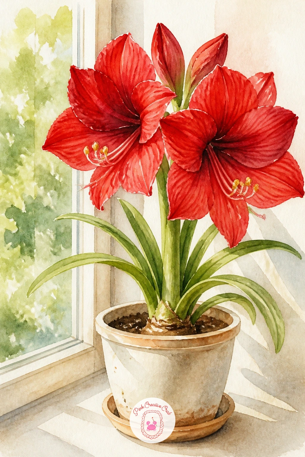 Red Amaryllis in a Sunny Pot — Start with the easiest bouquet on the list: a red amaryllis in a ceramic pot catching sun on a windowsill. Christmas flowers