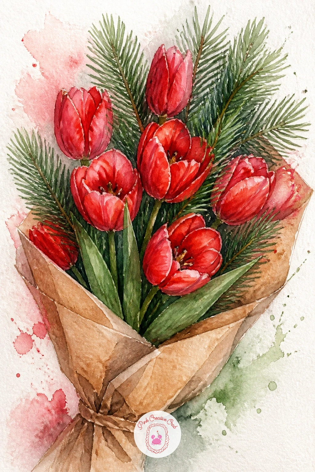 Red Tulips and Pine Wrapped in Paper — Move from a jar to a hand-tied bouquet: red tulips and pine sprigs wrapped in brown paper, ready to give away. Christmas