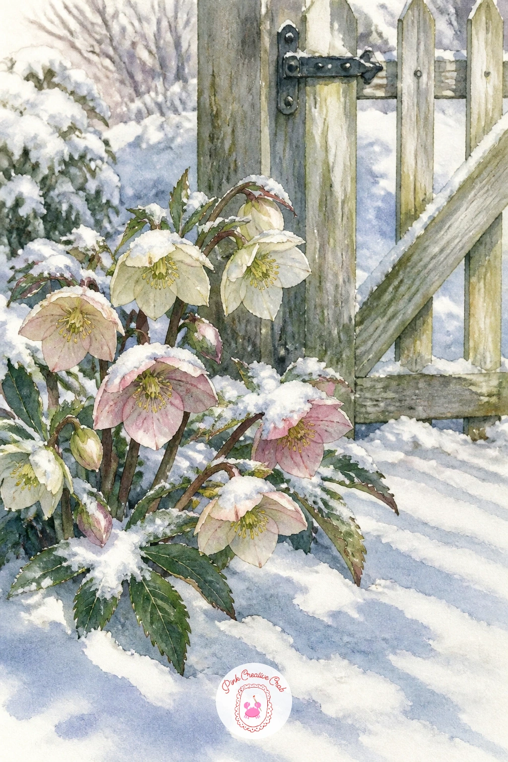 Hellebores in Snow by a Garden Gate — Step outside the vase for this one: pale hellebores growing in snow beside an old garden gate. Christmas flowers drawing