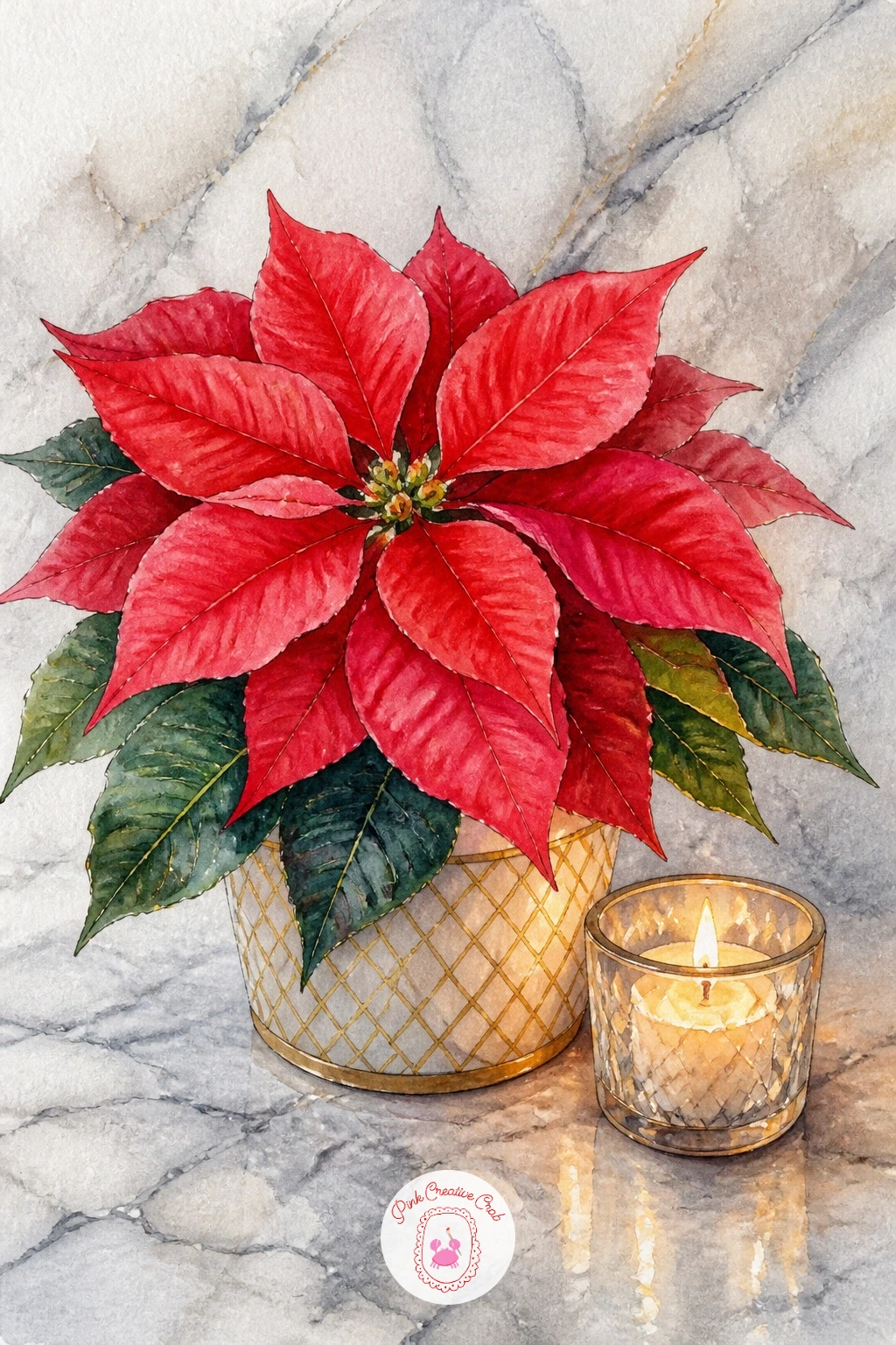 Poinsettia on a Marble Table — Bring the scene indoors with a poinsettia sitting on a marble table beside a lit candle. Christmas flowers drawing