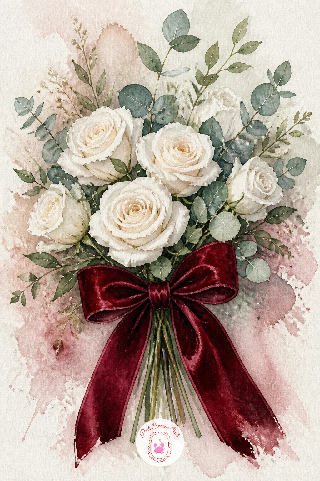 White Roses and Eucalyptus with a Velvet Bow — For a softer palette, try a bouquet of white roses and eucalyptus tied with a velvet bow. Christmas flowers
