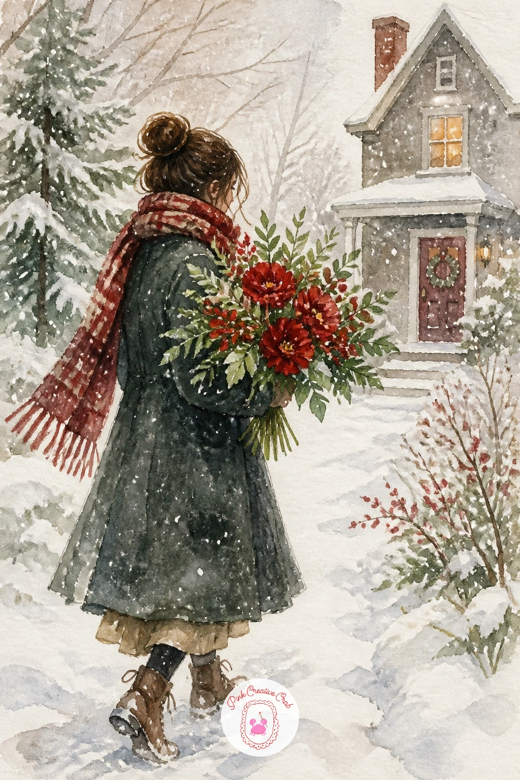 Carrying Flowers Home in the Snow — Add a figure to the series with a woman carrying a bunch of flowers home through falling snow. Christmas flowers drawing
