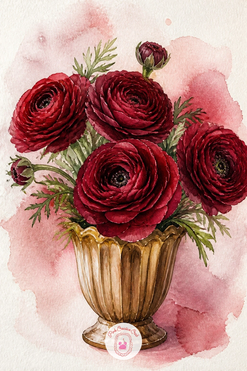Burgundy Ranunculus in a Vintage Vase — Return to a tabletop study with burgundy ranunculus arranged in a vintage vase. Christmas flowers drawing