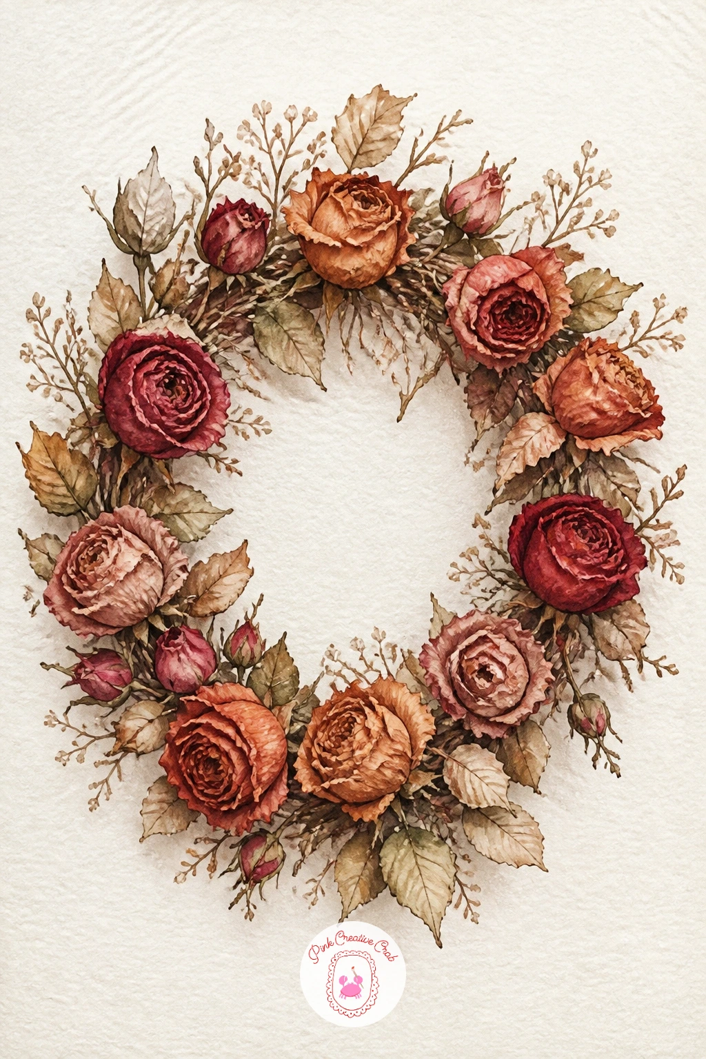 Wreath of Dried Roses — Shift from fresh blooms to a wreath of dried roses, the papery kind that keeps its color through winter. Christmas flowers drawing