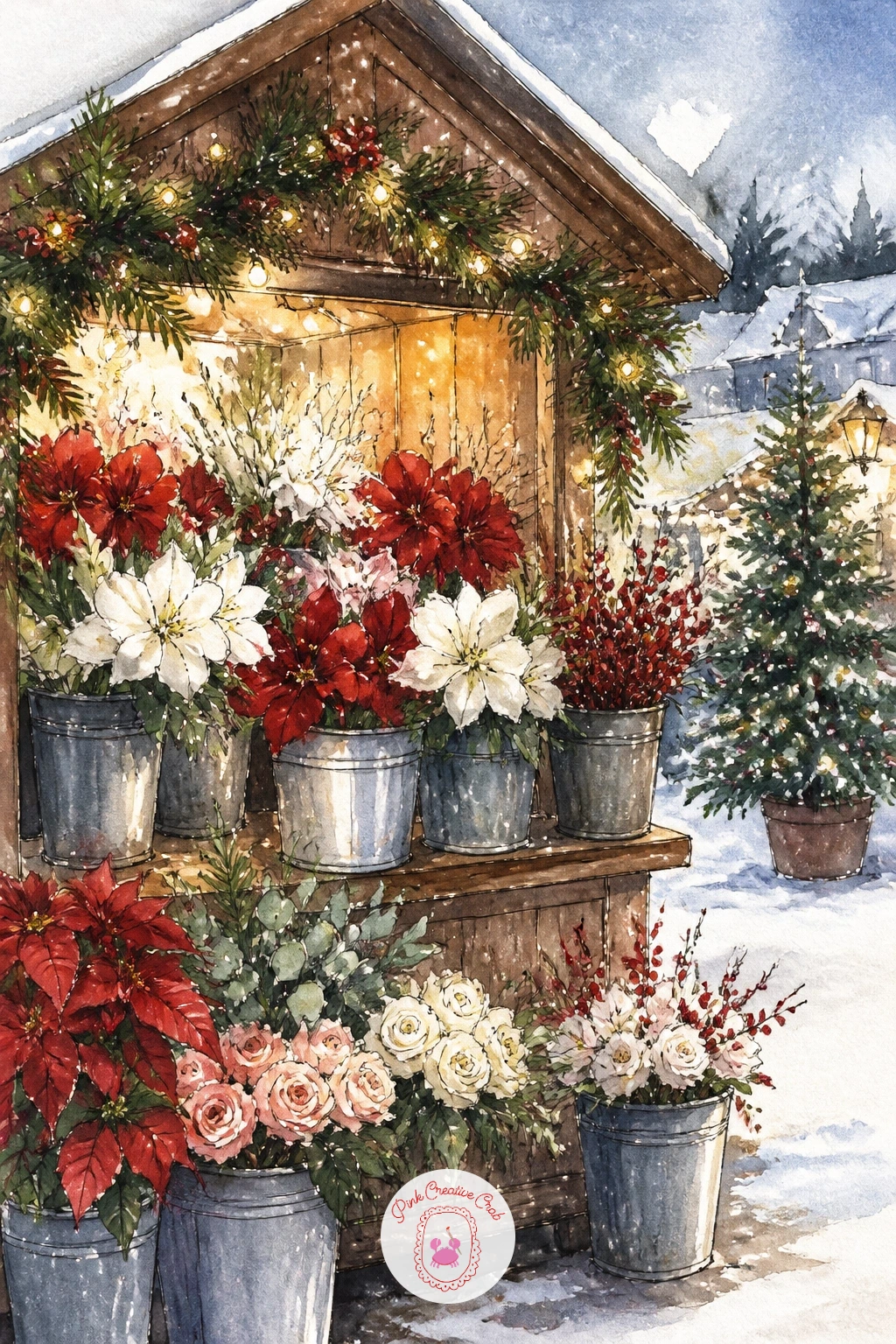 A Flower Stall in a Christmas Market — Widen the view for a flower stall glowing inside a Christmas market. Christmas flowers drawing
