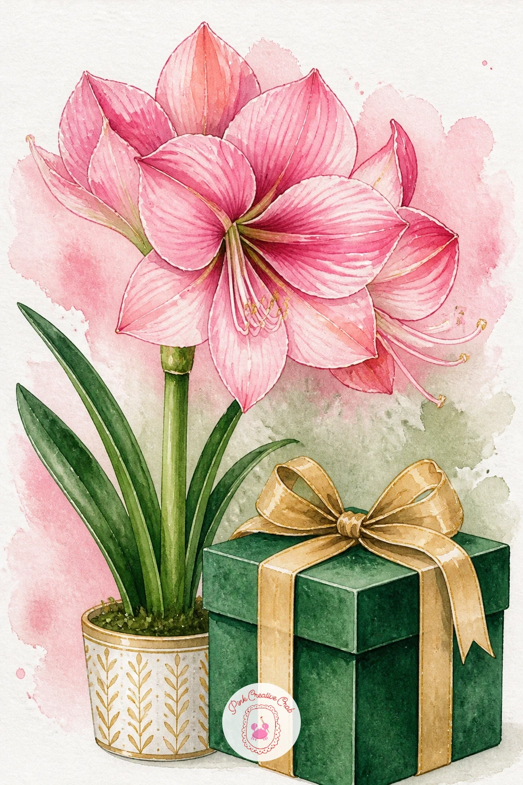 Pink Amaryllis Beside a Gift Box — Return to the amaryllis theme with a softer version: a pink amaryllis standing beside a wrapped gift box. Christmas flowers