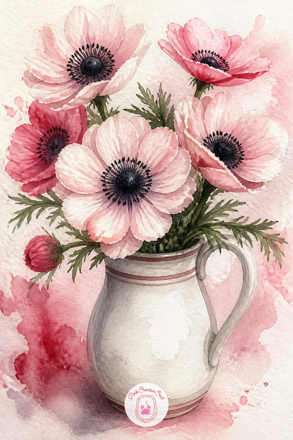 Anemones With Dark Centers in a Jug — Move to anemones next, their dramatic dark centers set against pale petals in a simple ceramic jug. Christmas flowers