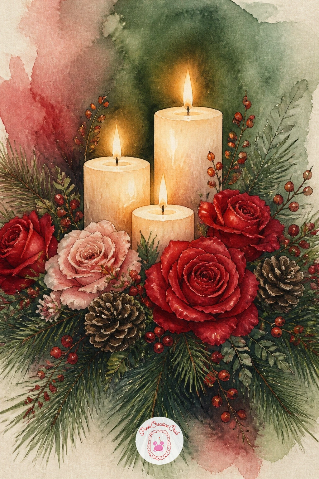 A Centerpiece of Pine, Roses and Candles — Build a fuller scene with a table centerpiece combining pine, roses and lit candles. Christmas flowers drawing