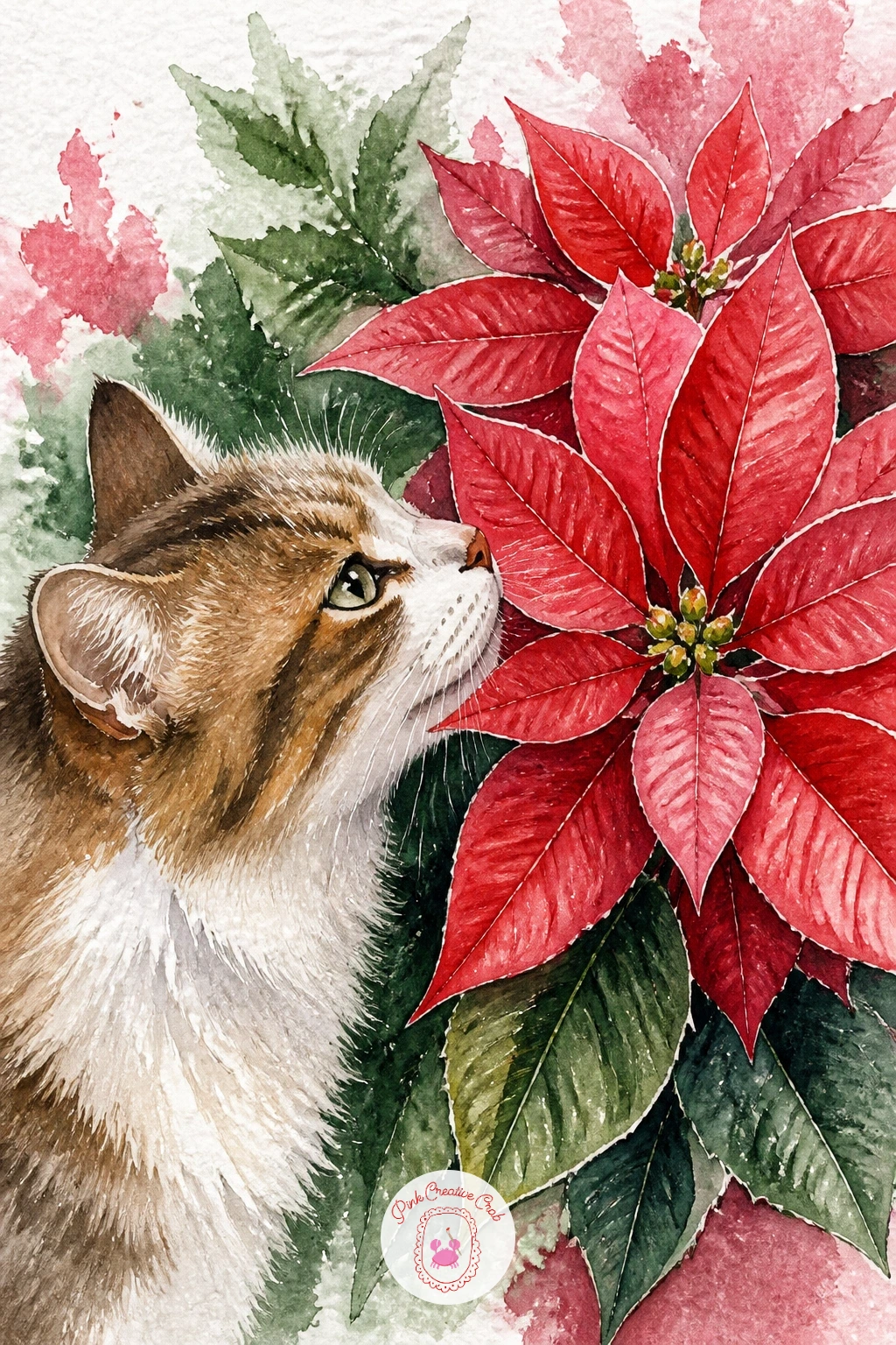 A Cat Sniffing a Poinsettia — Add some mischief with a cat sniffing curiously at a poinsettia plant. Christmas flowers drawing