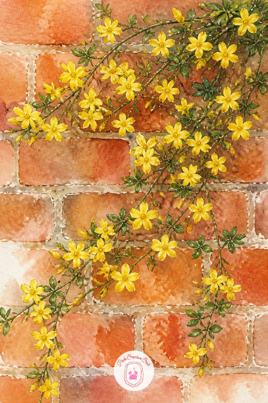 Winter Jasmine on a Brick Wall — Step back outdoors for winter jasmine trailing its small yellow flowers along a brick wall. Christmas flowers drawing