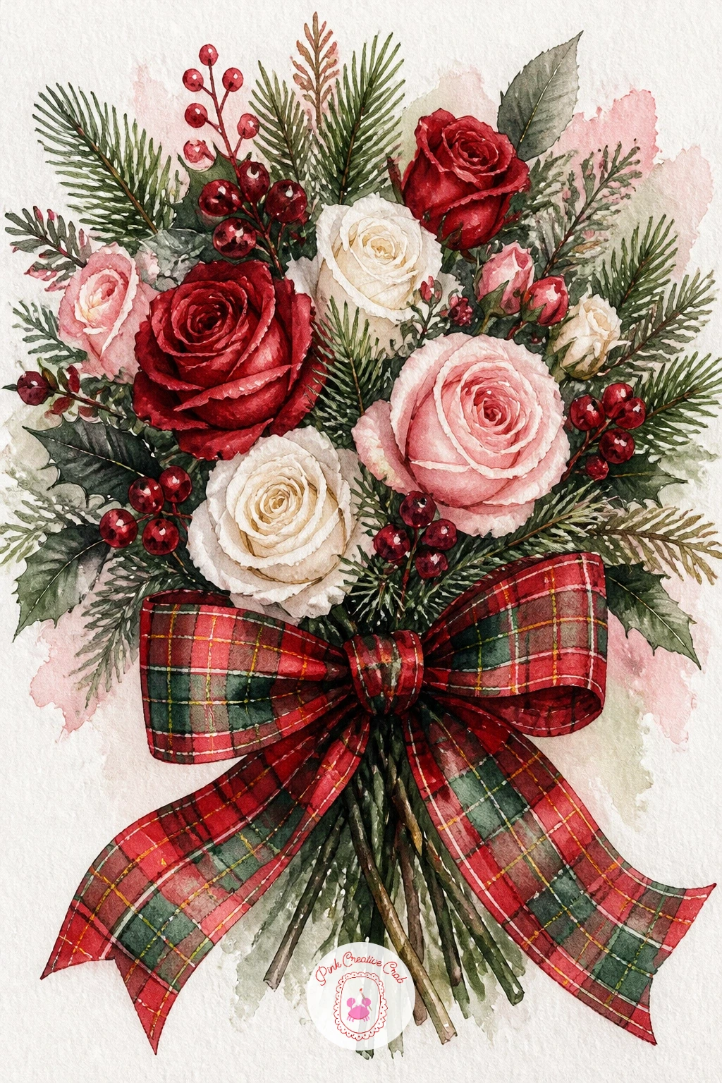 A Bouquet Tied With Tartan Ribbon — Give a mixed bouquet some holiday structure with a wide tartan ribbon tied at the base. Christmas flowers drawing
