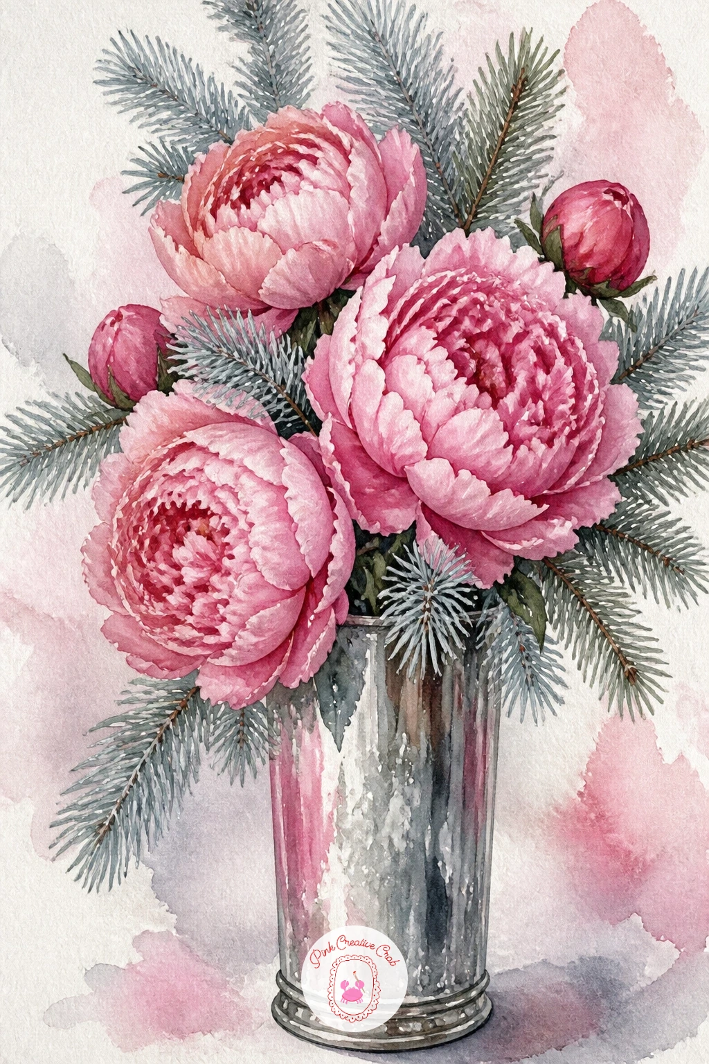 Pink Peonies and Silver Pine in a Vase — Pair an unexpected color combination with pink peonies and silvery pine in a tall vase. Christmas flowers drawing