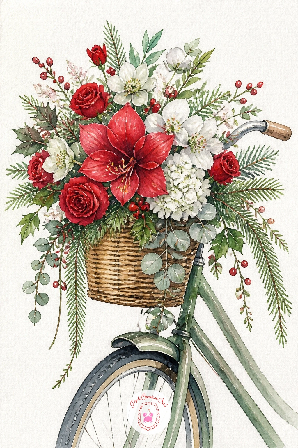 A Bouquet in a Bicycle Basket — Add some charm with a bouquet of mixed winter flowers spilling from a bicycle basket. Christmas flowers drawing