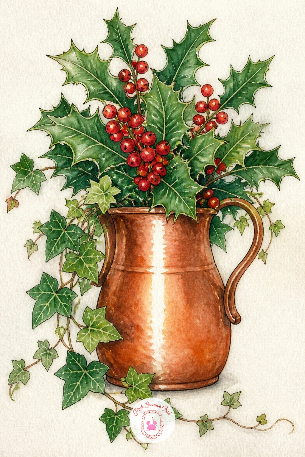 Holly and Ivy in a Copper Jug — Pair two classic winter greens with holly and ivy arranged in a copper jug. Christmas flowers drawing