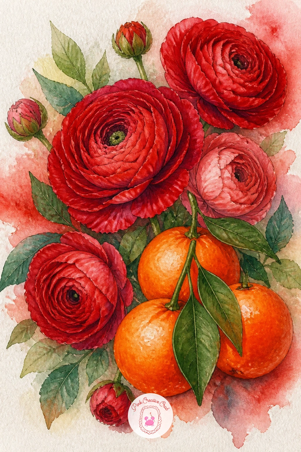 Red Ranunculus and Clementines — Combine flowers with fruit for a bright still life of red ranunculus and a few clementines, leaves still attached. Christmas