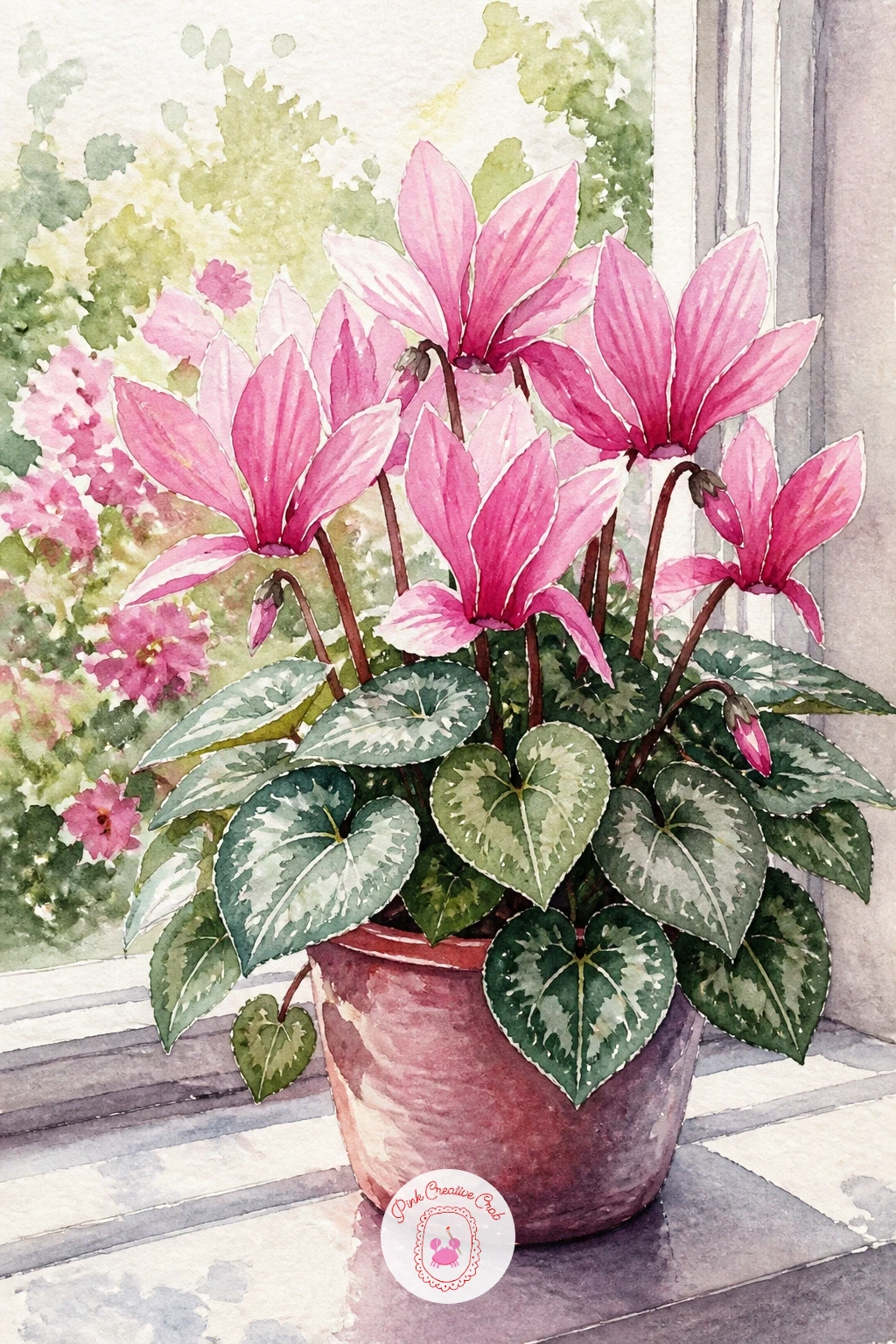 A Cyclamen on a Windowsill — Settle into a quiet study of a cyclamen plant on a windowsill, its flowers held up on thin stems above heart-shaped leaves.