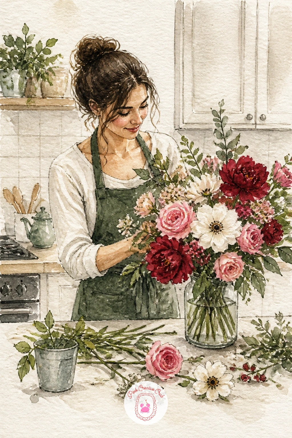 A Woman Arranging Flowers in a Kitchen — Bring the whole scene to life with a woman arranging a bouquet at her kitchen counter. Christmas flowers drawing