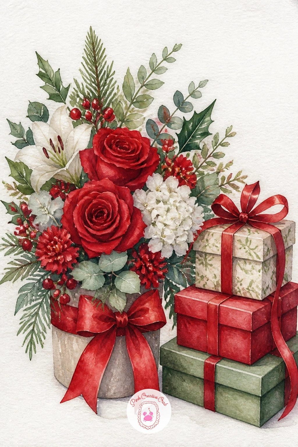 A Bouquet Beside a Stack of Presents — Finish the series with a full bouquet sitting beside a stack of wrapped presents, pulling together everything from the