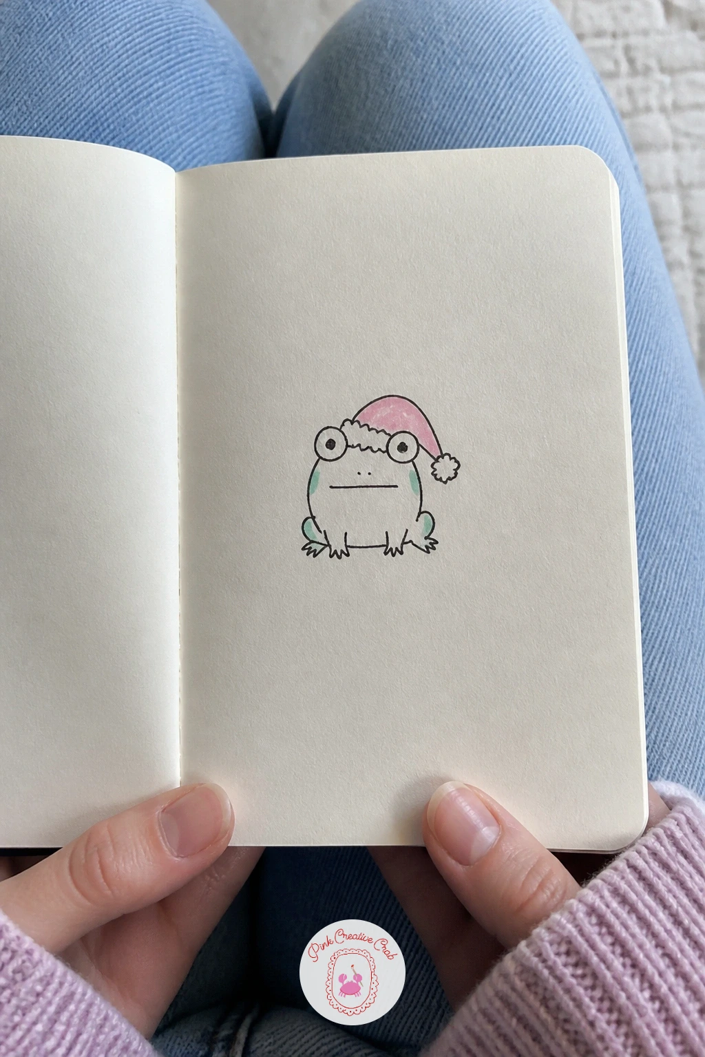 Frog in a Santa Hat — Frog in a Santa Hat sits in a simple crouched pose, body low and wide with two round bulging eyes sitting on top of the head rather than