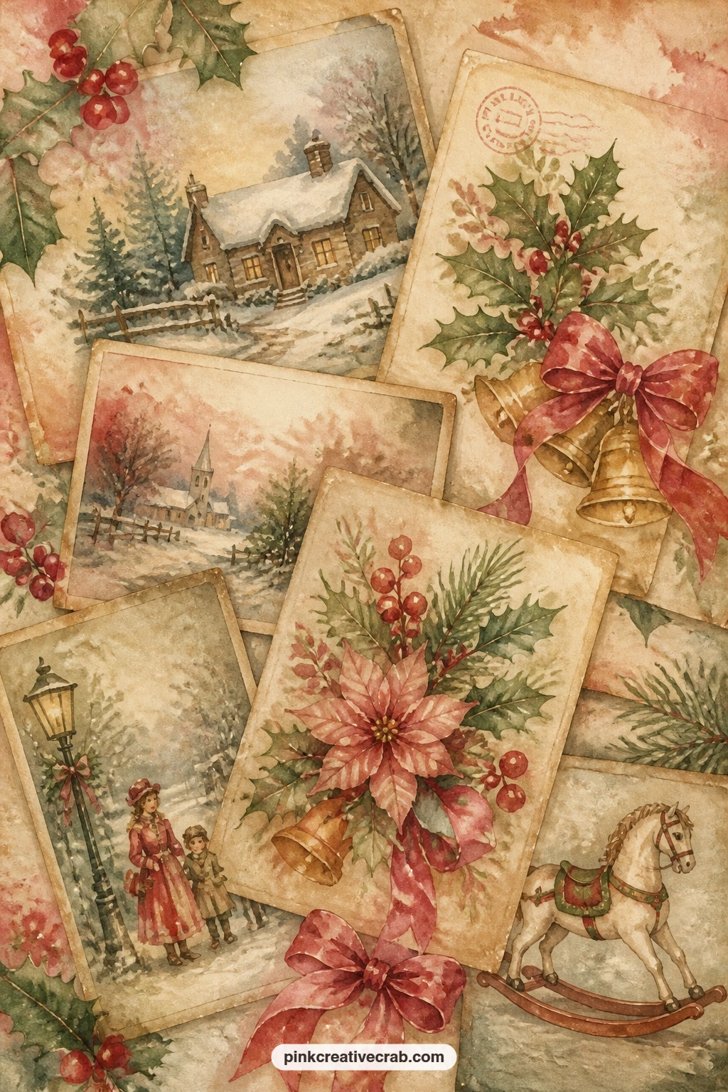 23 Free Vintage Christmas Junk Journal Pages With Old Toy Shops and Tinsel Trees