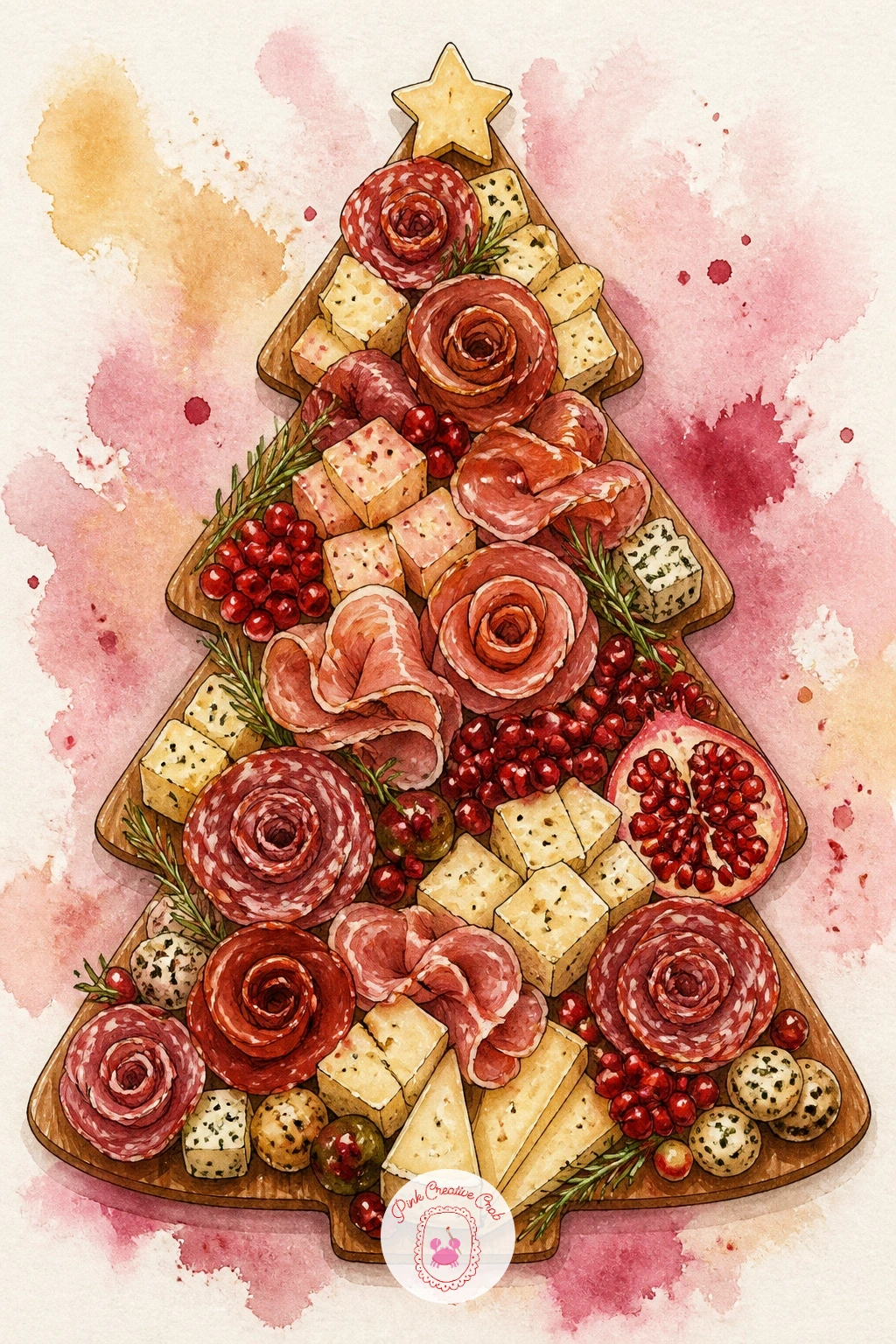Christmas Tree Charcuterie Board — Grab a round board shape first: sketch a wide triangle in pencil, rounded at the base, and that triangle is your whole
