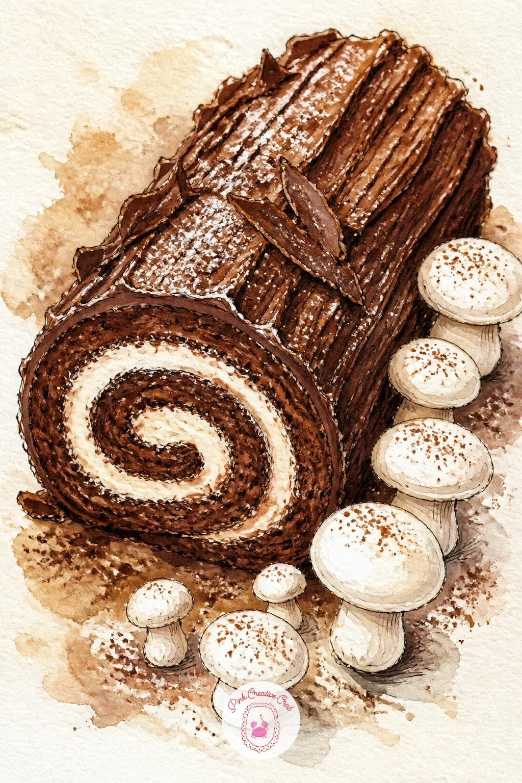 Bûche de Noël With Meringue Mushrooms — Roll the log shape in first: a long cylinder in pencil, slightly tapered, with one end showing the spiral cut cross