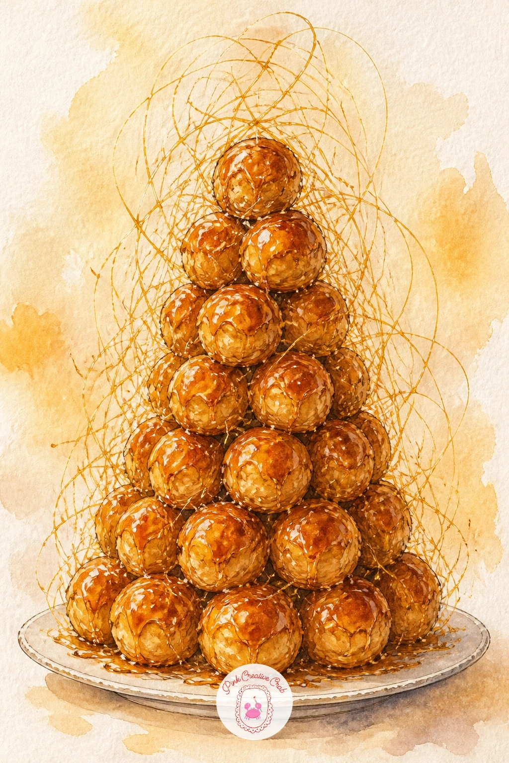 Tower of Profiteroles With Spun Sugar — Build the tower like stacked circles: a wide base row of three or four cream puffs, narrowing as you climb, each one a