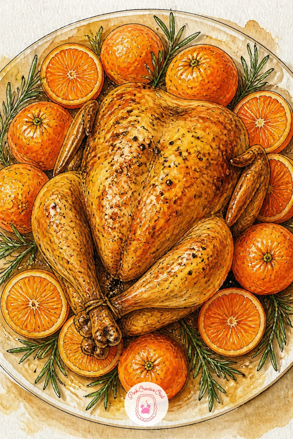 Roast Chicken With Clementines — Place the bird first, an oval body with two drumsticks angled outward, sketched large enough to fill most of the page.