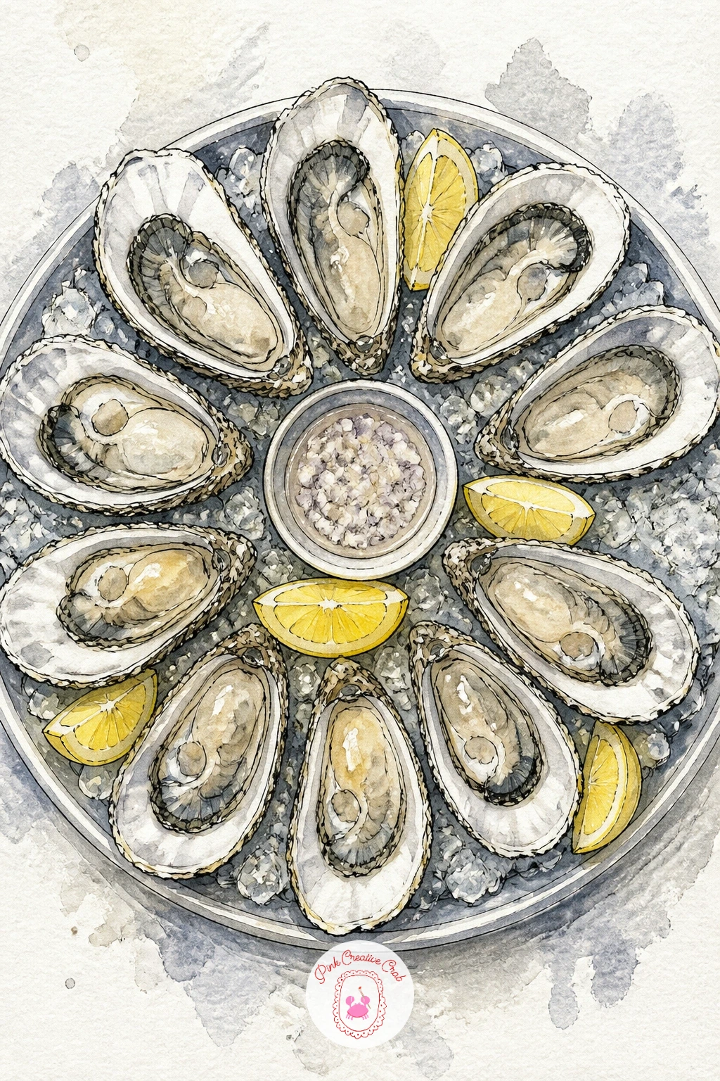 Seafood Platter With Oysters and Lemon — Map the platter as an oval first, then place six or eight oyster shells around its edge like petals, pointed ends