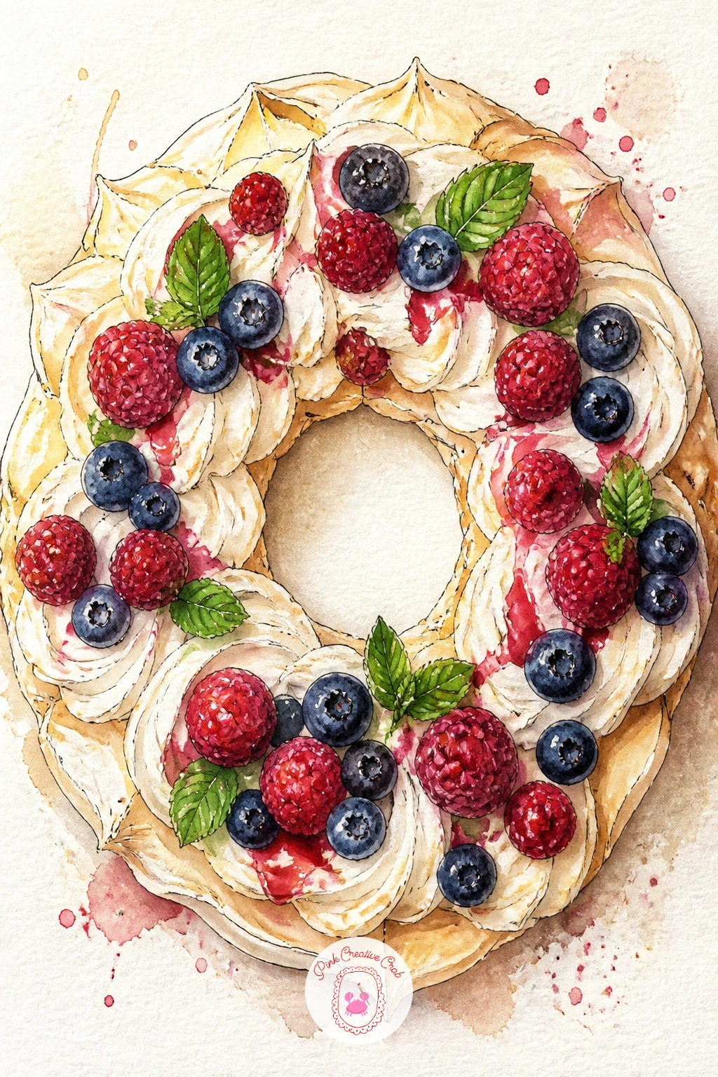 Pavlova Wreath With Berries — Shape the ring first: a wide donut shape in pencil, soft and uneven at the edges since meringue never holds a perfect circle.