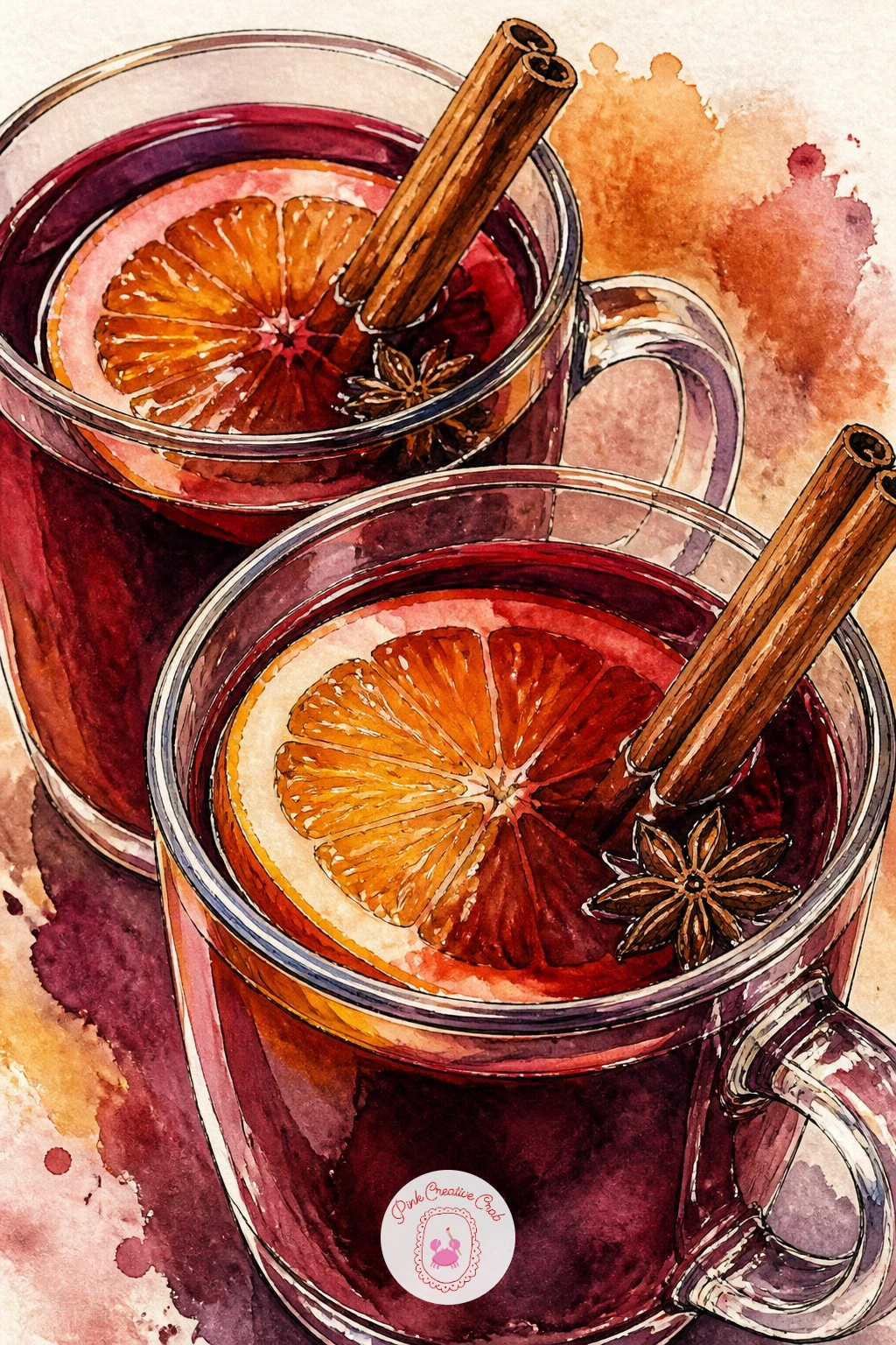 Mulled Wine in Glass Mugs — Sketch two glass mugs side by side, simple cylinder shapes with a handle loop on each, slightly offset so one sits a little behind