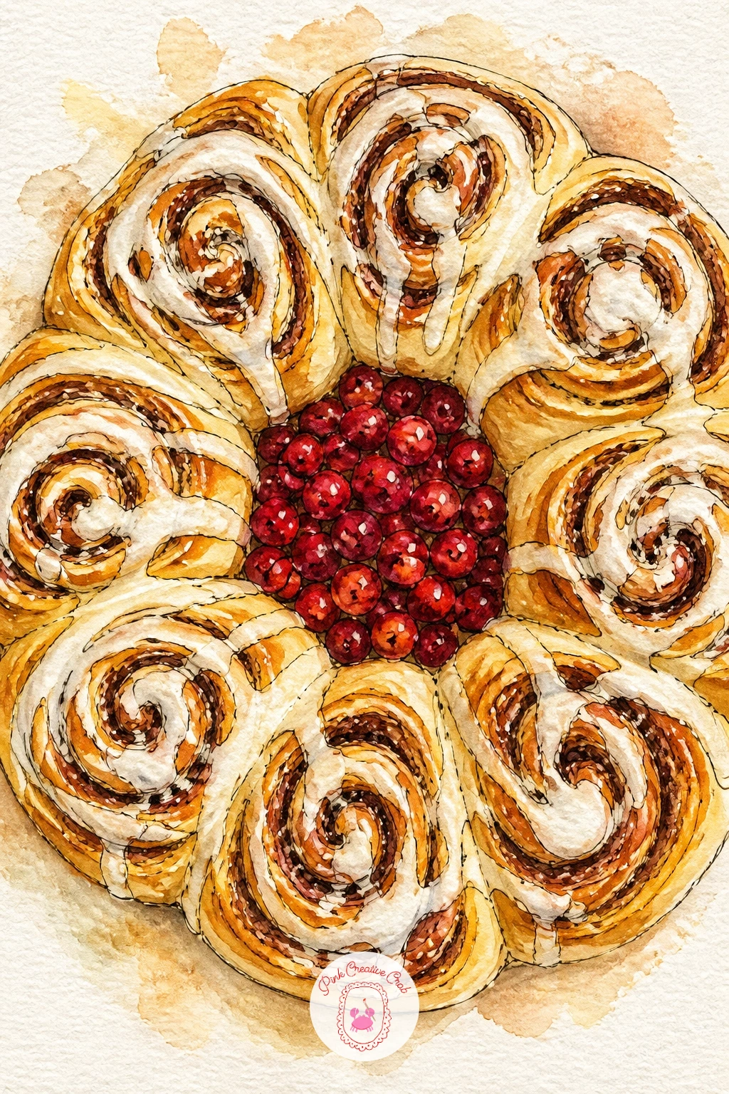 Cinnamon Roll Wreath — Arrange six or seven cinnamon rolls in a circle first, pencil only, each roll a simple spiral shape nestled against its neighbors.