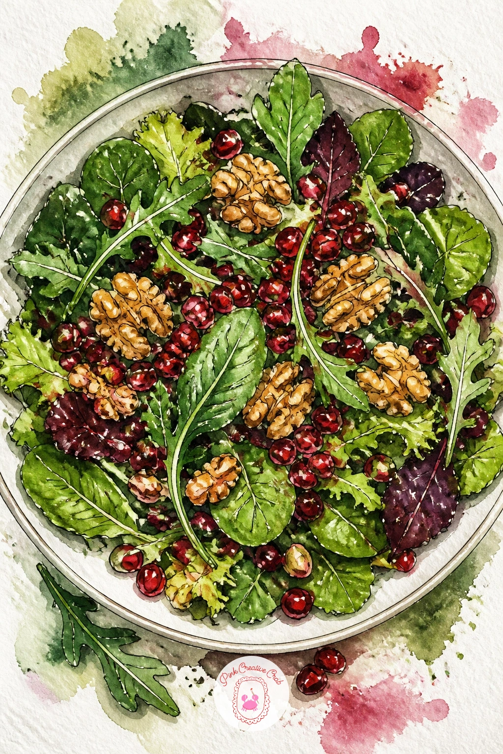 Pomegranate and Greens Salad — Lay the greens down first as loose overlapping leaf shapes filling a wide shallow bowl, then scatter pomegranate seeds across