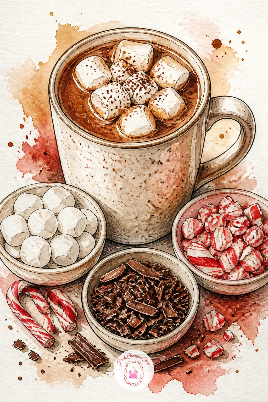 Hot Chocolate Bar With Toppings — Sketch a row of small bowls and jars along the back, then one tall mug of hot chocolate front and center, since a hot