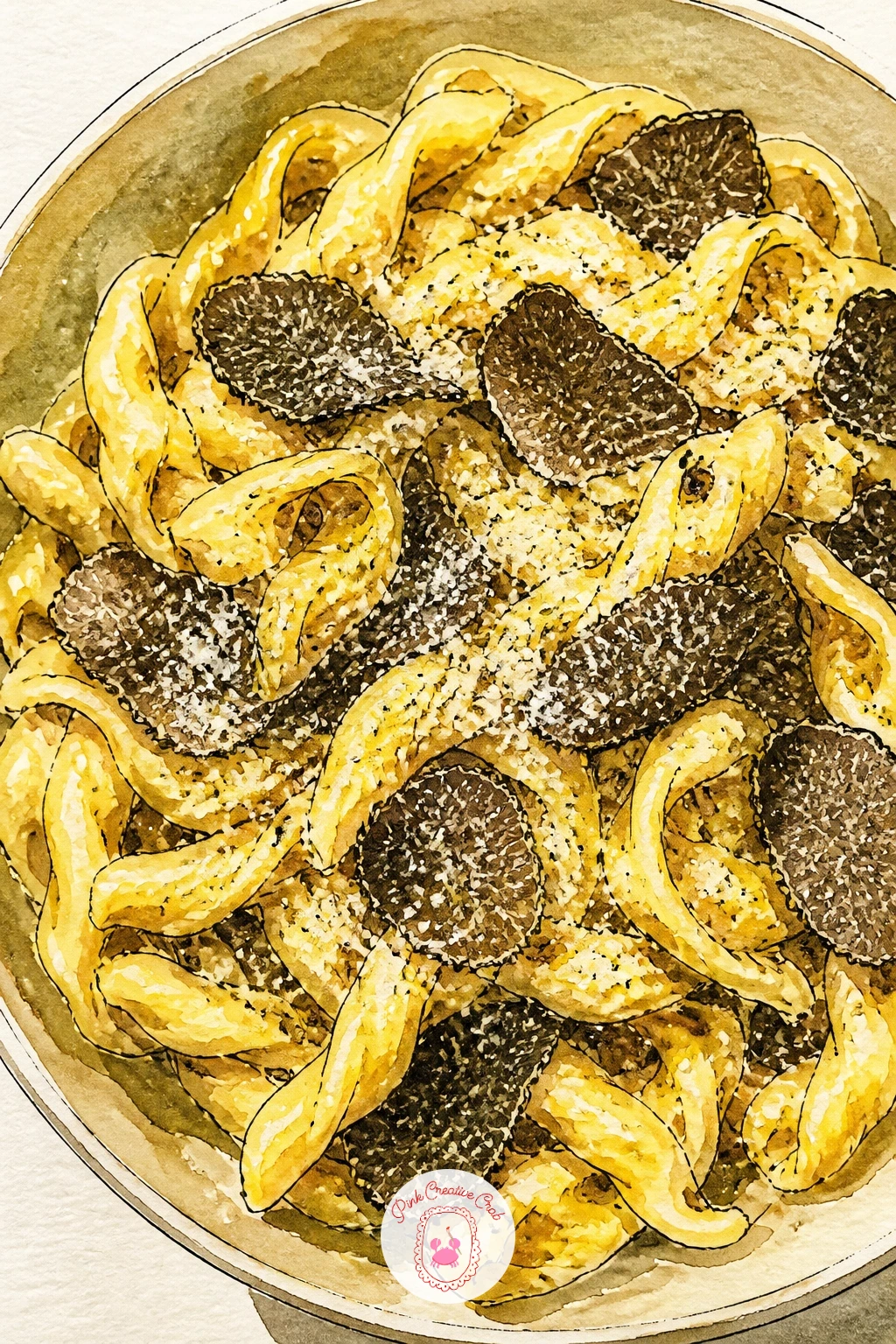 Truffle Pasta for Christmas Eve — Twist a nest of pasta into the center of a wide shallow bowl, drawn as loose looping lines rather than individual strands